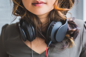 a woman listening to music